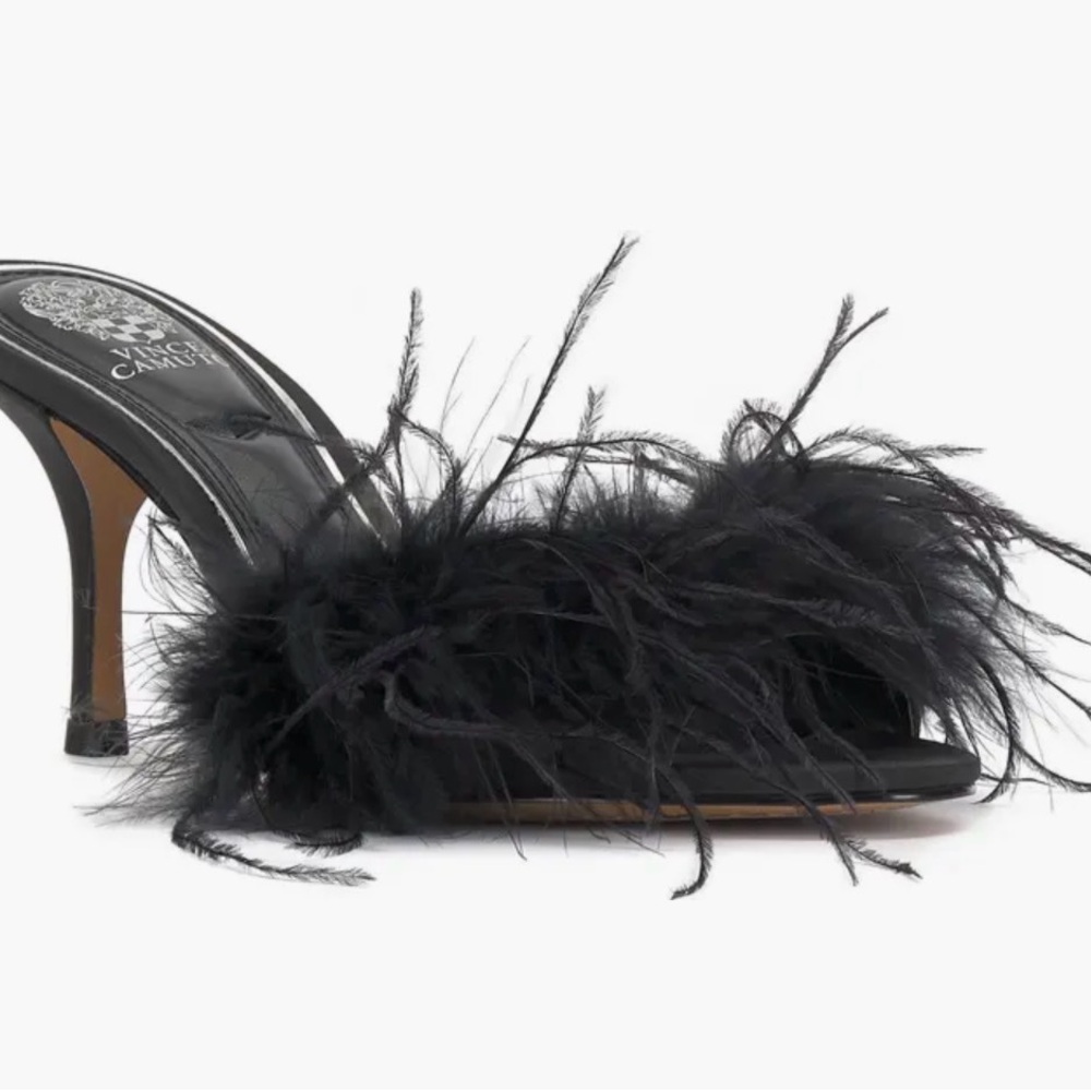 Vince Camuto Black Feather-Trim Slide Mule